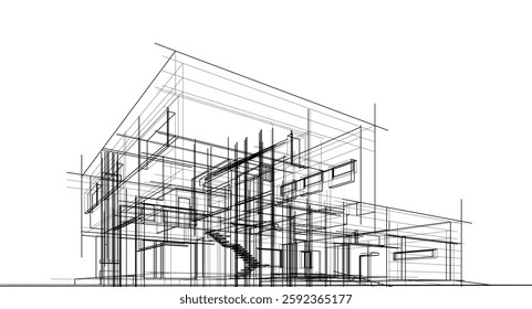 Futuristic Architectural Wireframe. Abstract Modern Building Design in Digital Sketch Style