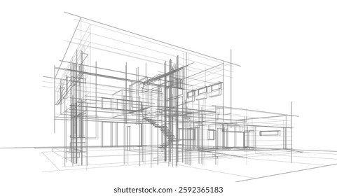 Futuristic Architectural Wireframe. Abstract Modern Building Design in Digital Sketch Style