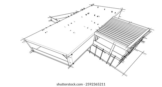 Futuristic Architectural Wireframe. Abstract Modern Building Design in Digital Sketch Style