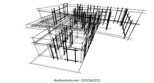 Futuristic Architectural Wireframe. Abstract Modern Building Design in Digital Sketch Style