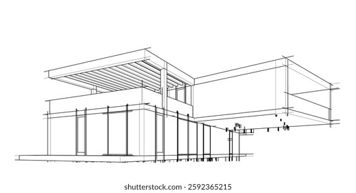 Futuristic Architectural Wireframe. Abstract Modern Building Design in Digital Sketch Style