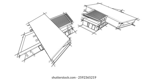 Futuristic Architectural Wireframe. Abstract Modern Building Design in Digital Sketch Style
