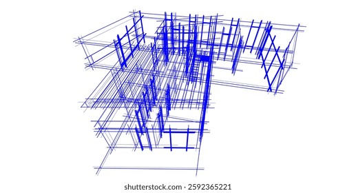 Futuristic Architectural Wireframe. Abstract Modern Building Design in Digital Sketch Style