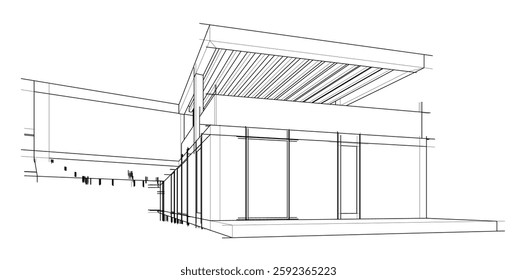 Futuristic Architectural Wireframe. Abstract Modern Building Design in Digital Sketch Style