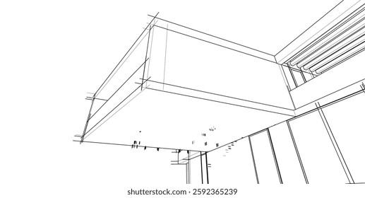 Futuristic Architectural Wireframe. Abstract Modern Building Design in Digital Sketch Style