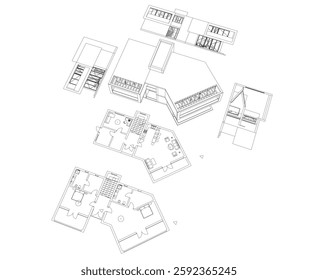 Futuristic Architectural Wireframe. Abstract Modern Building Design in Digital Sketch Style