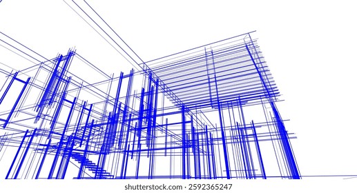 Futuristic Architectural Wireframe. Abstract Modern Building Design in Digital Sketch Style