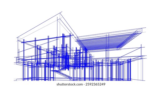Futuristic Architectural Wireframe. Abstract Modern Building Design in Digital Sketch Style