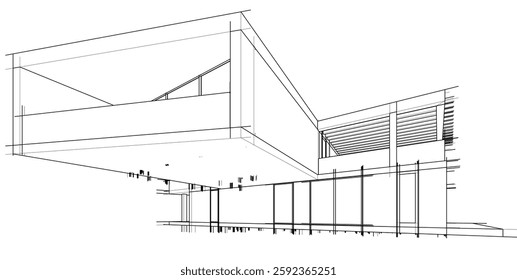 Futuristic Architectural Wireframe. Abstract Modern Building Design in Digital Sketch Style