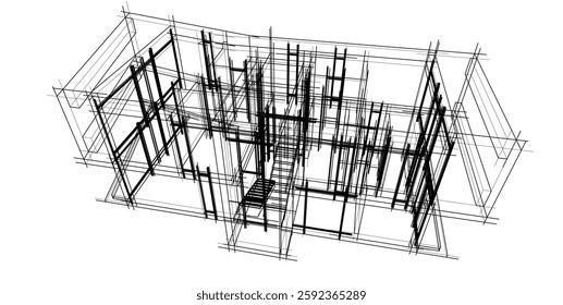 Futuristic Architectural Wireframe. Abstract Modern Building Design in Digital Sketch Style