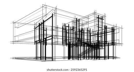 Futuristic Architectural Wireframe. Abstract Modern Building Design in Digital Sketch Style