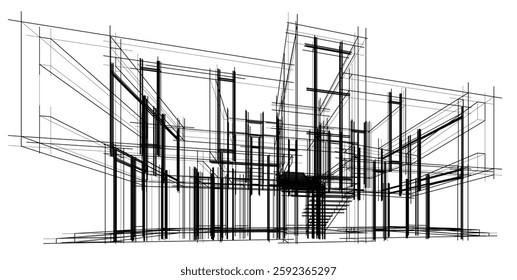 Futuristic Architectural Wireframe. Abstract Modern Building Design in Digital Sketch Style