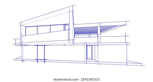 Futuristic Architectural Wireframe. Abstract Modern Building Design in Digital Sketch Style