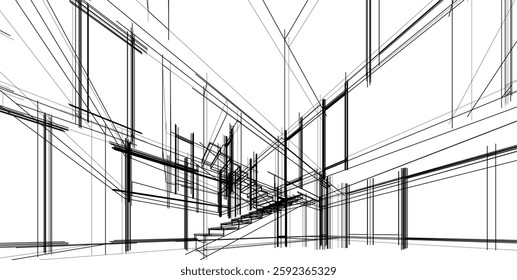 Futuristic Architectural Wireframe. Abstract Modern Building Design in Digital Sketch Style