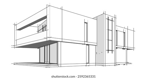 Futuristic Architectural Wireframe. Abstract Modern Building Design in Digital Sketch Style