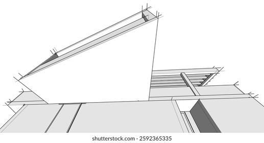 Futuristic Architectural Wireframe. Abstract Modern Building Design in Digital Sketch Style
