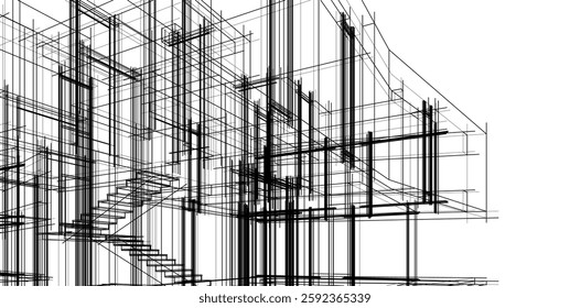 Futuristic Architectural Wireframe. Abstract Modern Building Design in Digital Sketch Style