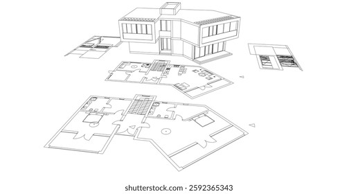 Futuristic Architectural Wireframe. Abstract Modern Building Design in Digital Sketch Style
