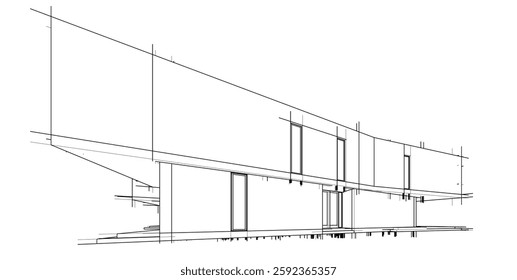 Futuristic Architectural Wireframe. Abstract Modern Building Design in Digital Sketch Style