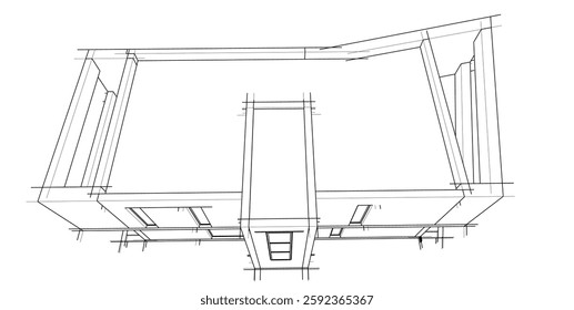 Futuristic Architectural Wireframe. Abstract Modern Building Design in Digital Sketch Style