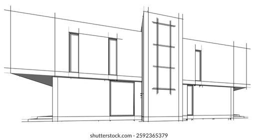 Futuristic Architectural Wireframe. Abstract Modern Building Design in Digital Sketch Style