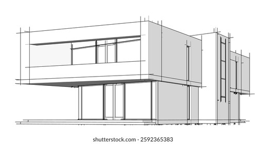 Futuristic Architectural Wireframe. Abstract Modern Building Design in Digital Sketch Style