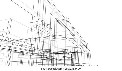 Futuristic Architectural Wireframe. Abstract Modern Building Design in Digital Sketch Style