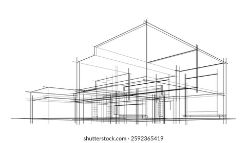 Futuristic Architectural Wireframe. Abstract Modern Building Design in Digital Sketch Style