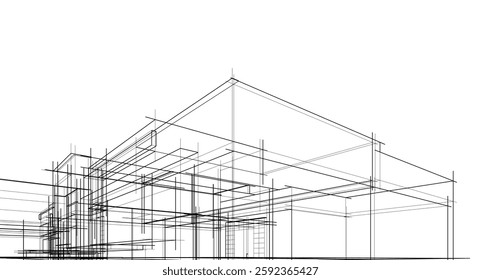 Futuristic Architectural Wireframe. Abstract Modern Building Design in Digital Sketch Style