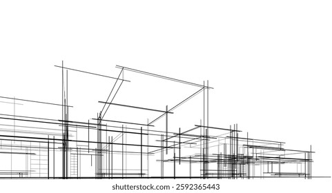 Futuristic Architectural Wireframe. Abstract Modern Building Design in Digital Sketch Style