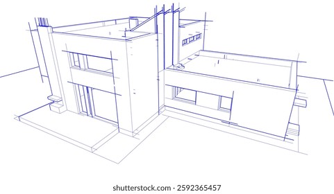 Futuristic Architectural Wireframe. Abstract Modern Building Design in Digital Sketch Style