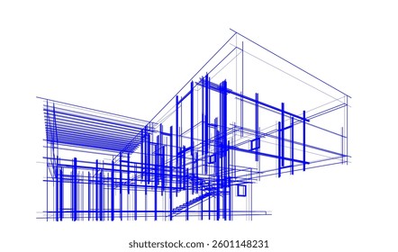 Futuristic Architectural Wireframe. Abstract Modern Building 3d Design