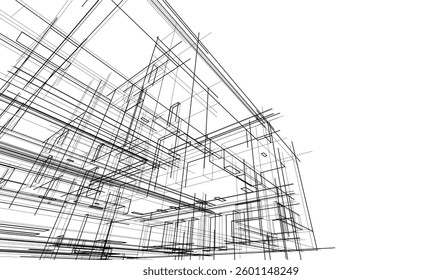 Futuristic Architectural Wireframe. Abstract Modern Building 3d Design