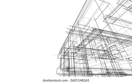 Futuristic Architectural Wireframe. Abstract Modern Building 3d Design
