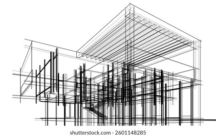 Futuristic Architectural Wireframe. Abstract Modern Building 3d Design