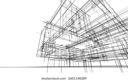 Futuristic Architectural Wireframe. Abstract Modern Building 3d Design