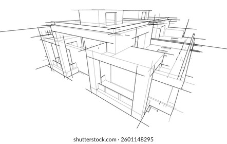 Futuristic Architectural Wireframe. Abstract Modern Building 3d Design