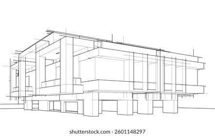 Futuristic Architectural Wireframe. Abstract Modern Building 3d Design