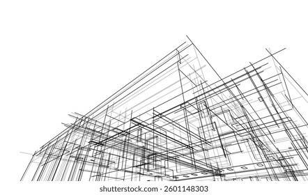 Futuristic Architectural Wireframe. Abstract Modern Building 3d Design