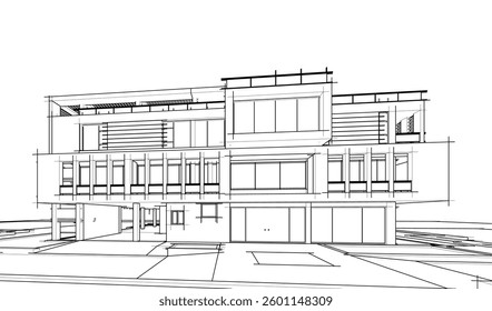 Futuristic Architectural Wireframe. Abstract Modern Building 3d Design