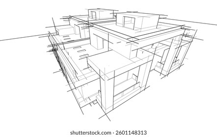 Futuristic Architectural Wireframe. Abstract Modern Building 3d Design