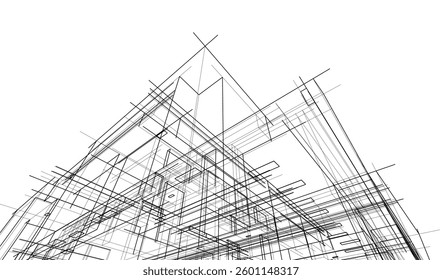Futuristic Architectural Wireframe. Abstract Modern Building 3d Design