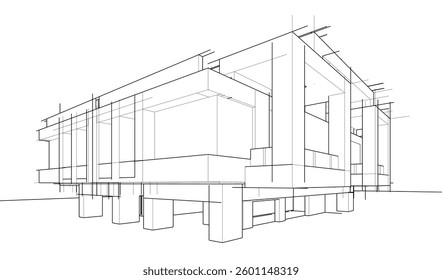Futuristic Architectural Wireframe. Abstract Modern Building 3d Design