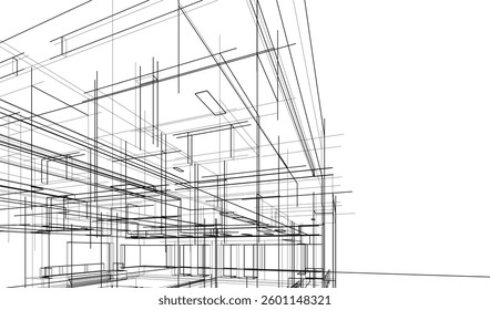 Futuristic Architectural Wireframe. Abstract Modern Building 3d Design