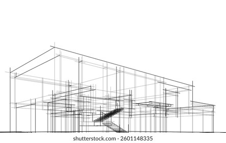 Futuristic Architectural Wireframe. Abstract Modern Building 3d Design