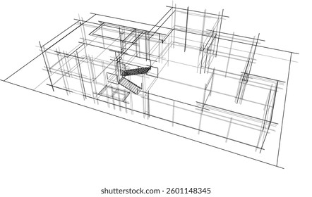 Futuristic Architectural Wireframe. Abstract Modern Building 3d Design