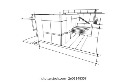 Futuristic Architectural Wireframe. Abstract Modern Building 3d Design