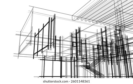 Futuristic Architectural Wireframe. Abstract Modern Building 3d Design