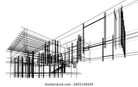 Futuristic Architectural Wireframe. Abstract Modern Building 3d Design