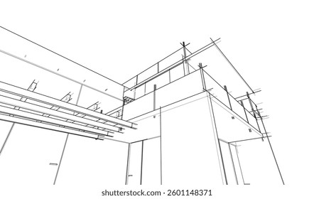 Futuristic Architectural Wireframe. Abstract Modern Building 3d Design